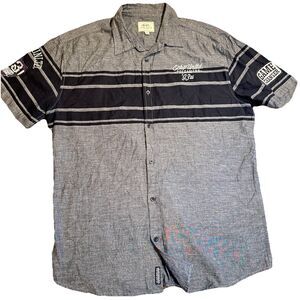 Ecko Unltd Shirt Vintage Y2K Mens XL Short Sleeve Button Black Grey Logo Patches